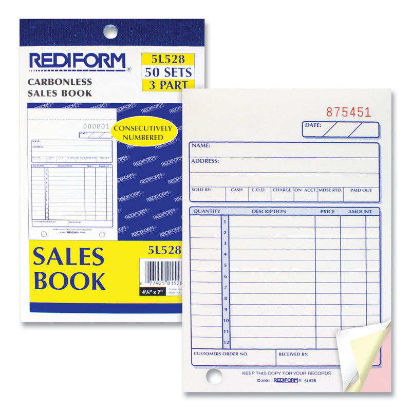Rediform Sales Book, Three-Part Carbonless, 4.25 x 6.38, 1/Page, 50 Forms