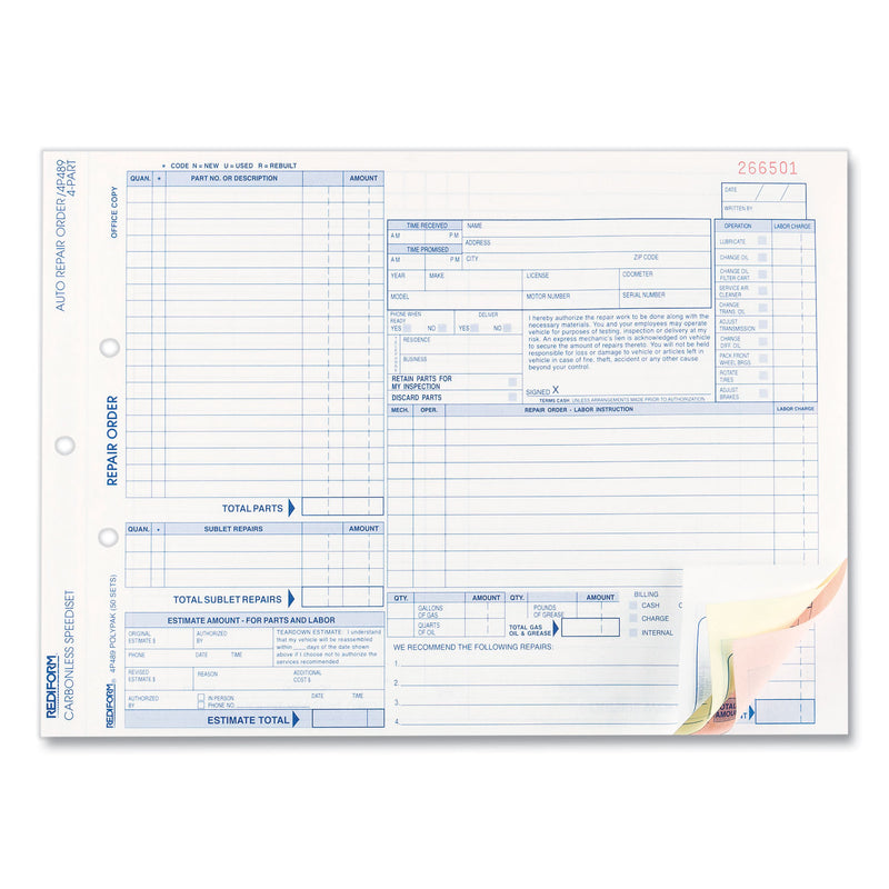 Rediform Four-Part Auto Repair Form, Four-Part Carbonless, 11 x 8.5, 1/Page, 50 Forms