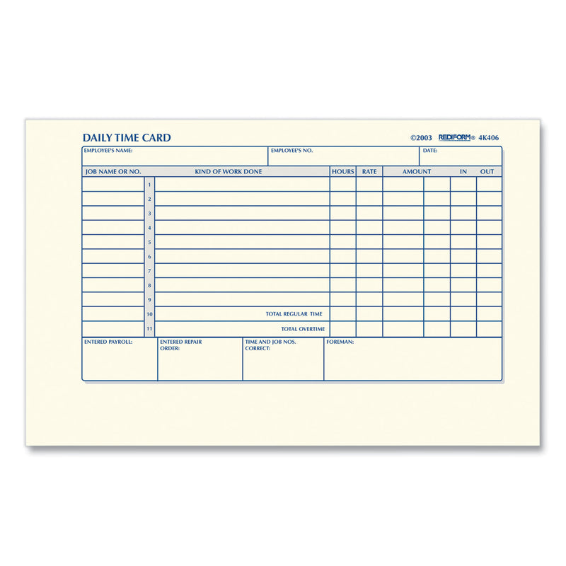 Rediform Daily Employee Time Cards, Two Sides, 4.25 x 7, 100/Pad