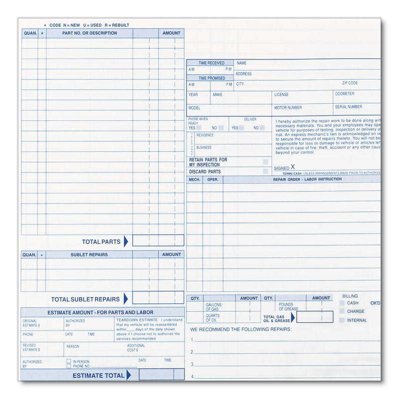 Rediform Four-Part Auto Repair Form, Four-Part Carbonless, 11 x 8.5, 1/Page, 50 Forms