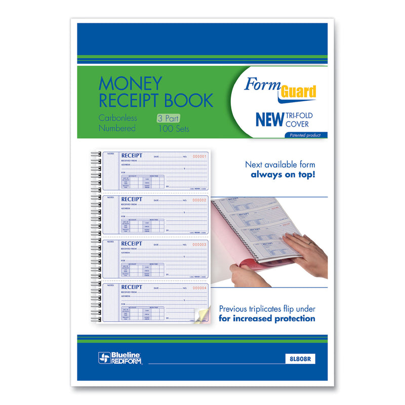 Rediform Money Receipt Book, Three-Part Carbonless, 7 x 2.75, 4/Page, 100 Forms