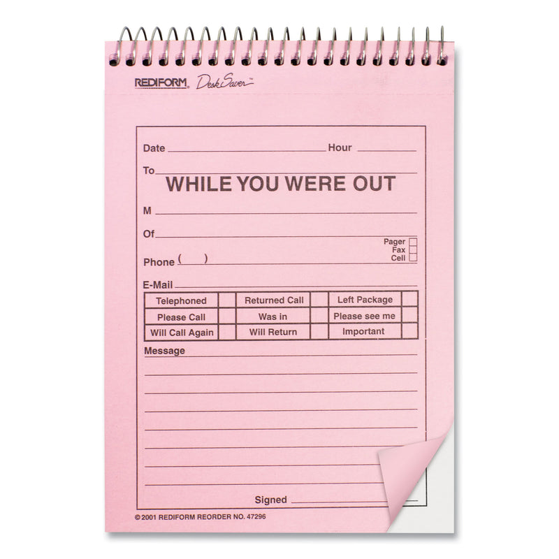 Rediform Desk Saver Line Wirebound Message Book, Two-Part Carbonless, 6.25 x 4.25, 1/Page, 50 Forms