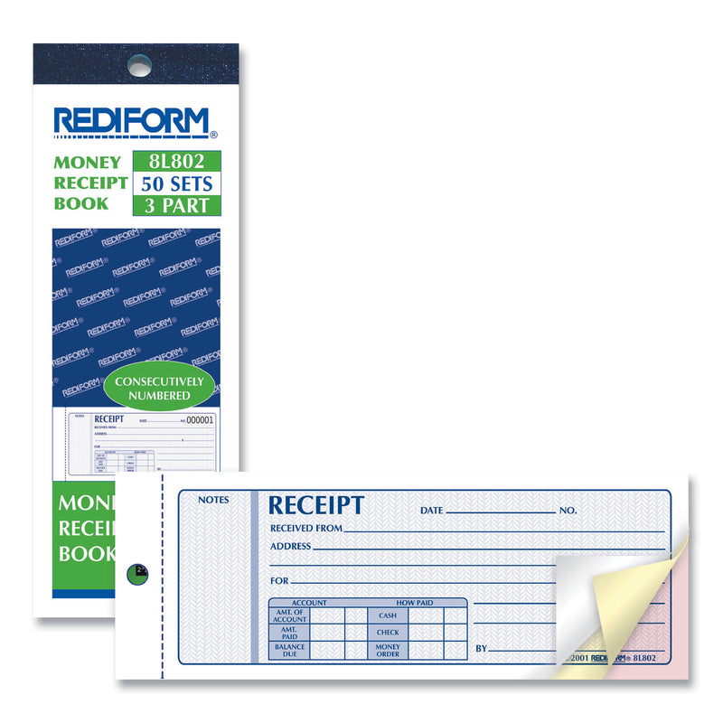 Rediform Receipt Book, Three-Part Carbonless, 7 x 2.75, 1/Page, 50 Forms