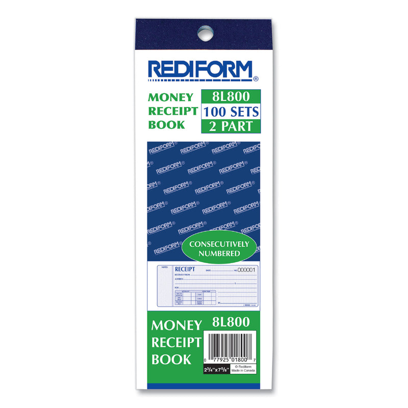 Rediform Receipt Book, Two-Part Carbonless, 7 x 2.75, 1/Page, 100 Forms