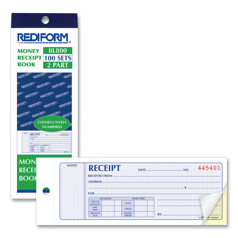 Rediform Receipt Book, Two-Part Carbonless, 7 x 2.75, 1/Page, 100 Forms