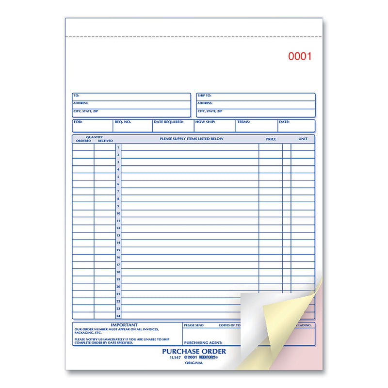 Rediform Purchase Order Book, Three-Part Carbonless, 8.5 x 11, 1/Page, 50 Forms