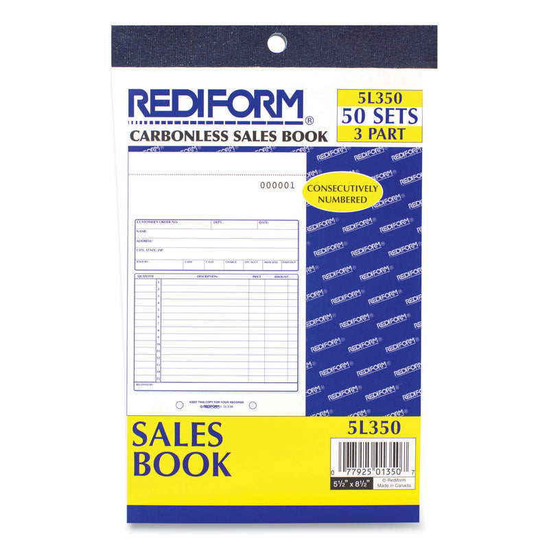 Rediform Sales Book, Three-Part Carbonless, 5.5 x 7.88, 1/Page, 50 Sets/Book
