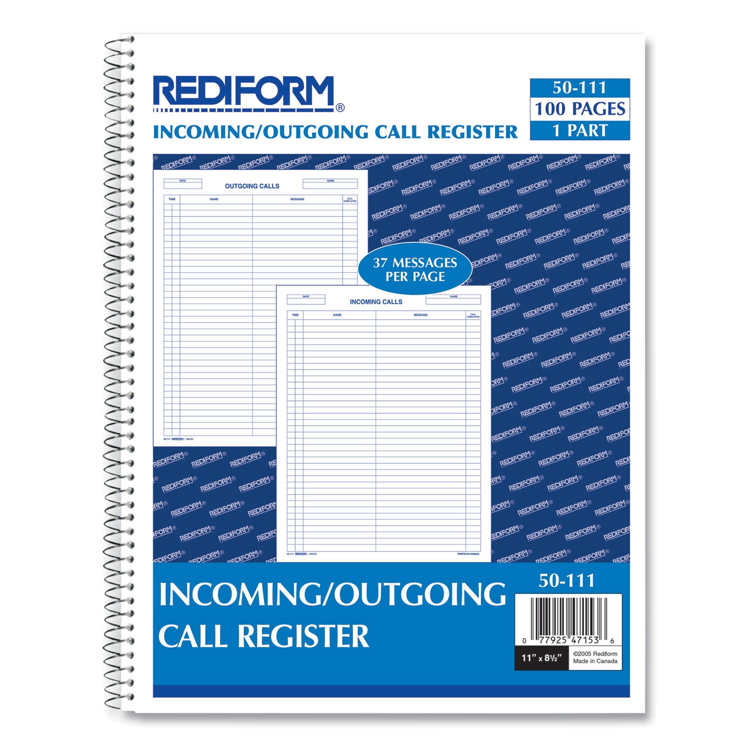 Wirebound Call Register, 8.5 x 11, 1/Page, 3.700 Forms by Rediform RED50111