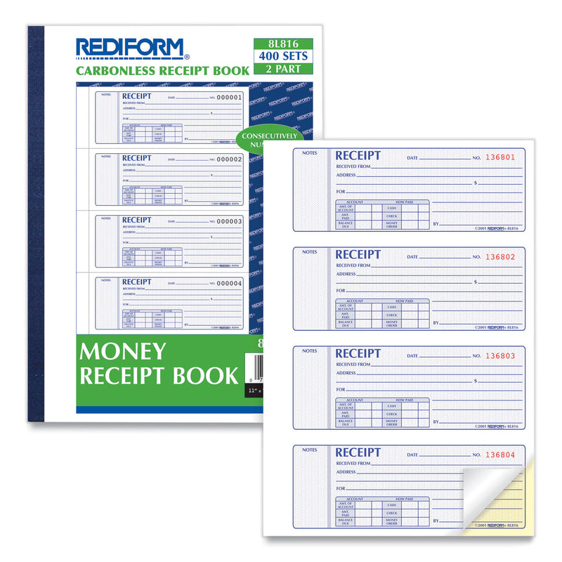Rediform Receipt Book,Two-Part Carbonless, 7 x 2.75, 4/Page, 400 Forms