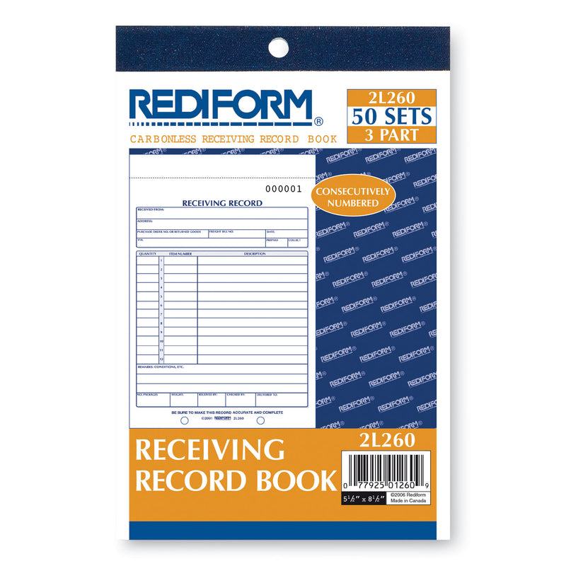 Rediform Receiving Record Book, Three-Part Carbonless, 5.56 x 7.94, 1/Page, 50 Forms