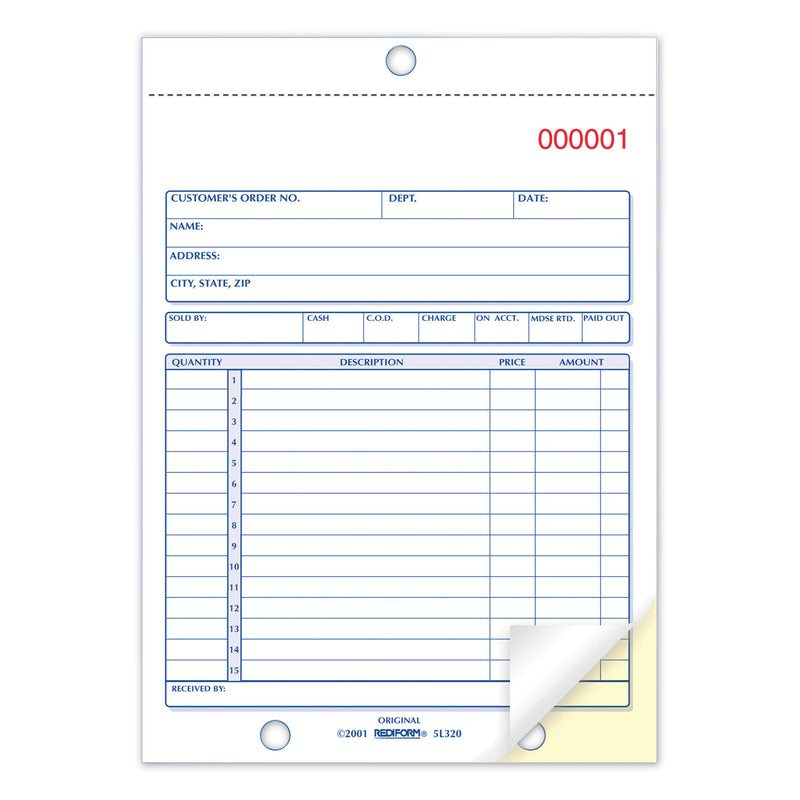 Rediform Sales Book, Two-Part Carbonless, 5.5 x 7.88, 1/Page, 50 Forms