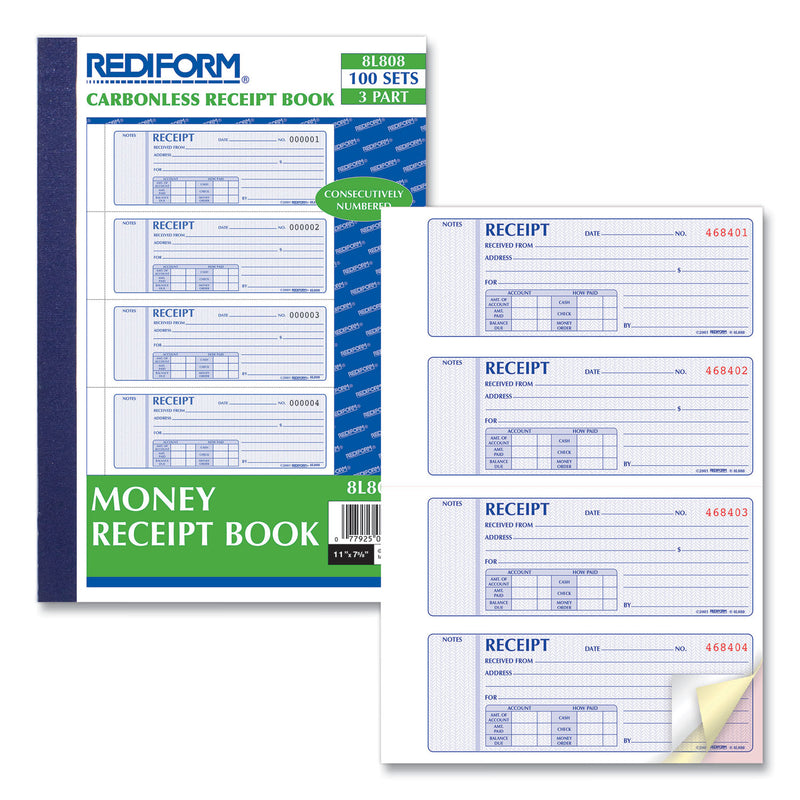 Rediform Money Receipt Book, Three-Part Carbonless, 7 x 2.75, 4/Page, 100 Forms