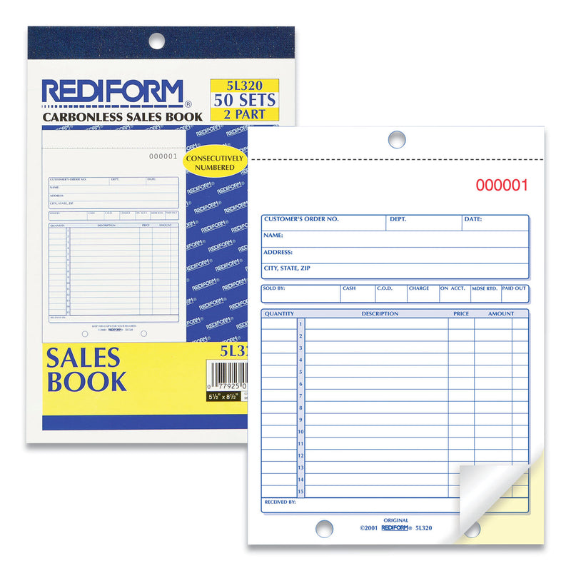Rediform Sales Book, Two-Part Carbonless, 5.5 x 7.88, 1/Page, 50 Forms
