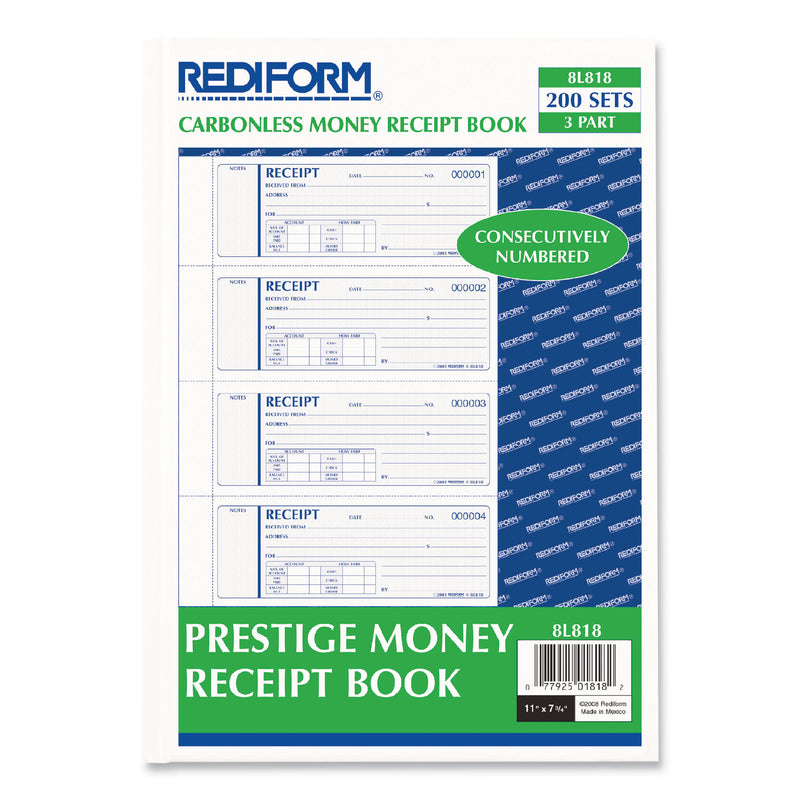 Rediform Money Receipt Book, Three-Part Carbonless, 7 x 2.75, 4/Page, 200 Forms