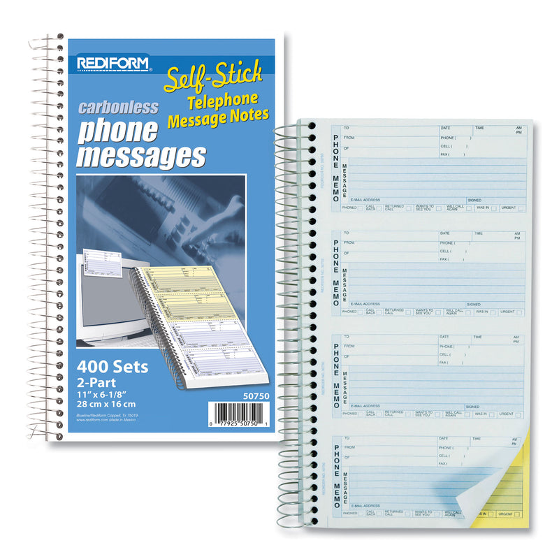 Rediform Self-Stick Telephone Message Book, Two-Part Carbonless, 5.5 x 2.75, 4/Page, 400 Forms