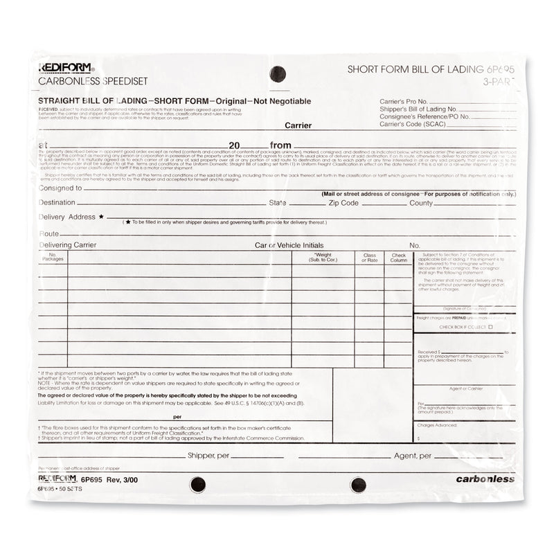 Rediform Bill of Lading, Short Form, Three-Part Carbonless, 7 x 8.5, 1/Page, 50 Forms