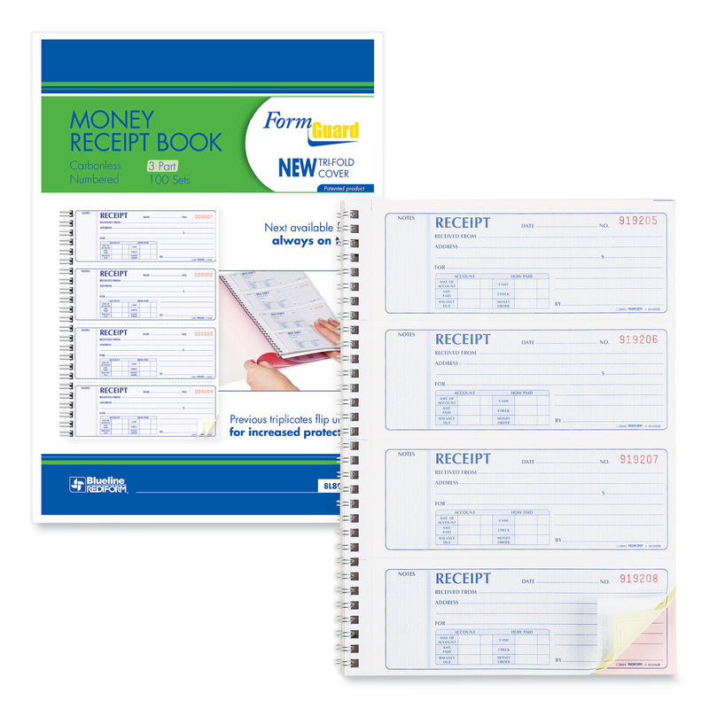 Rediform Money Receipt Book, Three-Part Carbonless, 7 x 2.75, 4/Page, 100 Forms