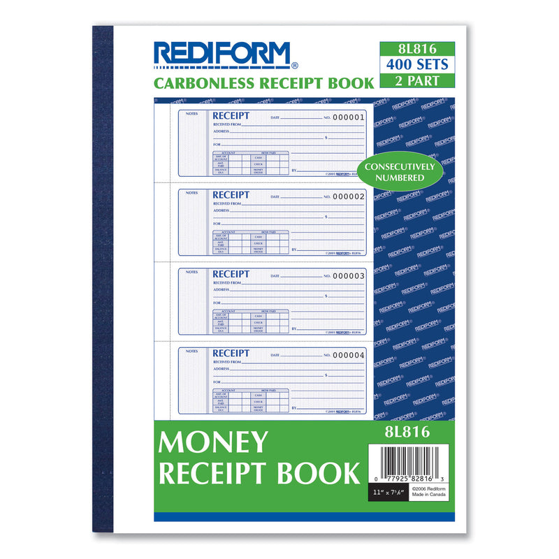 Rediform Receipt Book,Two-Part Carbonless, 7 x 2.75, 4/Page, 400 Forms