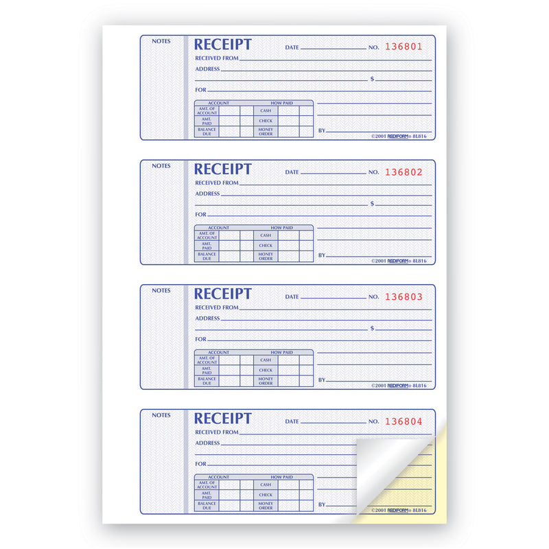 Rediform Receipt Book,Two-Part Carbonless, 7 x 2.75, 4/Page, 400 Forms