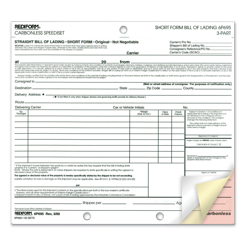 Rediform Bill of Lading, Short Form, Three-Part Carbonless, 7 x 8.5, 1/Page, 50 Forms