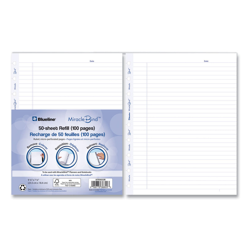 Blueline MiracleBind Ruled Paper Refill Sheets for all MiracleBind Notebooks and Planners, 9.25 x 7.25, White/Blue Sheets, Undated