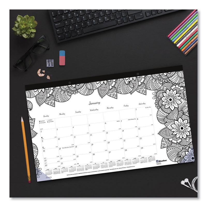 Blueline Monthly Desk Pad Calendar, DoodlePlan Coloring Pages, 17.75 x 10.88, Black Binding, Clear Corners, 12-Month (Jan-Dec): 2023