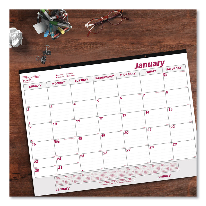 Brownline Monthly Desk Pad Calendar, 22 x 17, White/Burgundy Sheets, Black Binding, Clear Corners, 12-Month (Jan to Dec): 2023