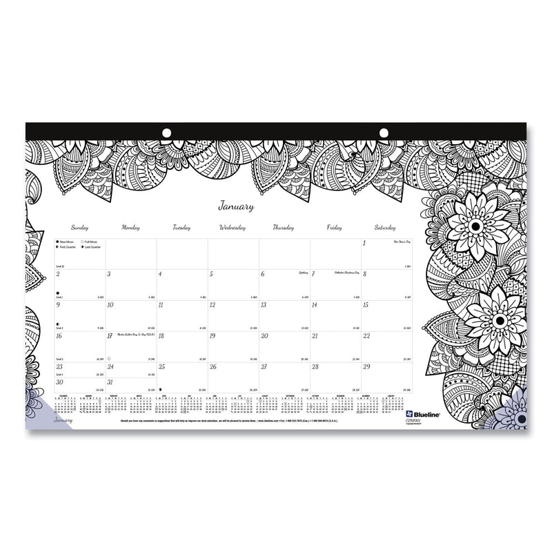 Blueline Monthly Desk Pad Calendar, DoodlePlan Coloring Pages, 17.75 x 10.88, Black Binding, Clear Corners, 12-Month (Jan-Dec): 2023