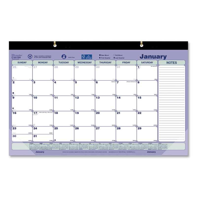 Brownline Monthly Desk Pad Calendar, 17.75 x 10.88, White/Blue/Green Sheets, Black Binding, Clear Corners, 12-Month (Jan to Dec): 2023