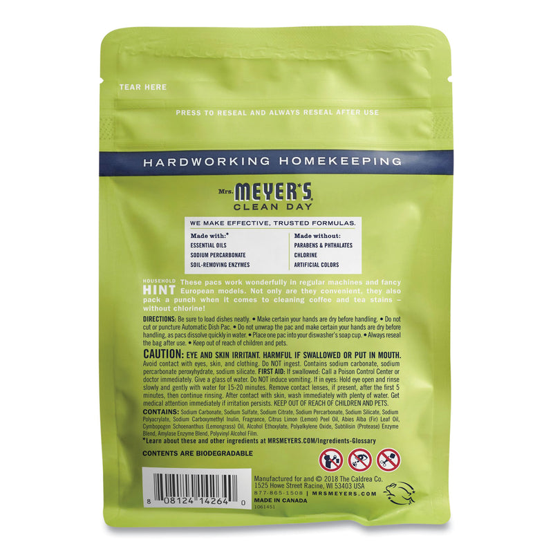 Mrs. Meyer's Automatic Dish Detergent, Lemon, 12.7 oz Pack, 20/Pack, 6/Carton