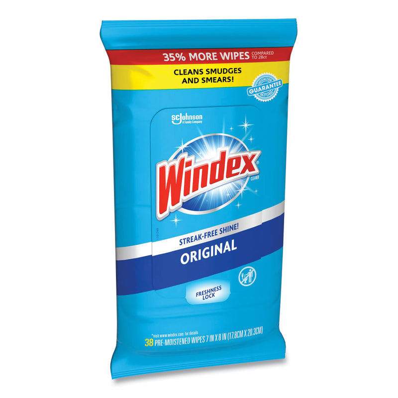 Windex Glass and Surface Wet Wipe, Cloth, 7 x 8, Unscented, 38/Pack, 12 Packs/Carton