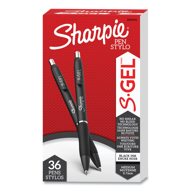 Sharpie S-Gel High-Performance Gel Pen, Retractable, Medium 0.7mm, Black Ink, Black Barrel, 36/Pack