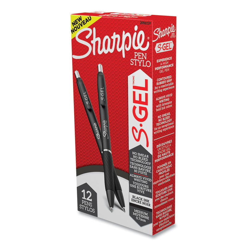 Sharpie S-Gel High-Performance Gel Pen, Retractable, Medium 0.7 mm, Black Ink, Black Barrel, Dozen