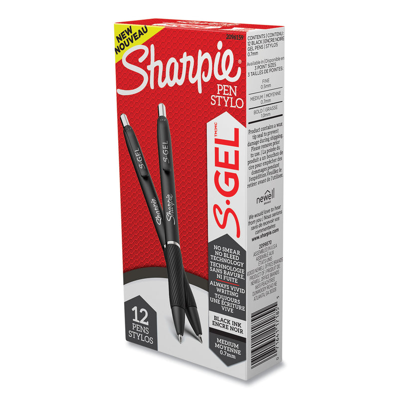 Sharpie S-Gel High-Performance Gel Pen, Retractable, Medium 0.7 mm, Black Ink, Black Barrel, Dozen