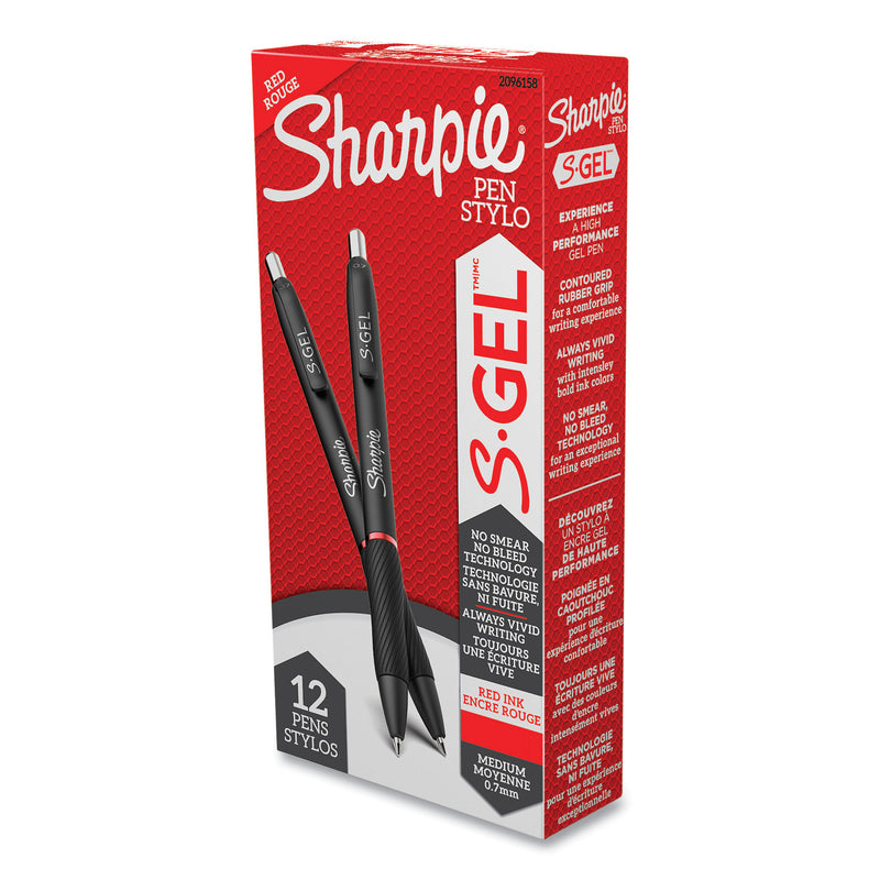 Sharpie S-Gel High-Performance Gel Pen, Retractable, Medium 0.7 mm, Red Ink, Black Barrel, Dozen