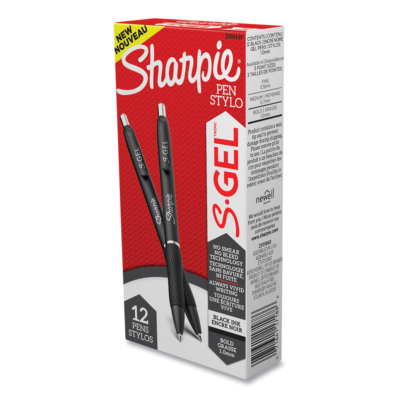 Sharpie S-Gel High-Performance Gel Pen, Retractable, Bold 1 mm, Black Ink, Black Barrel, Dozen