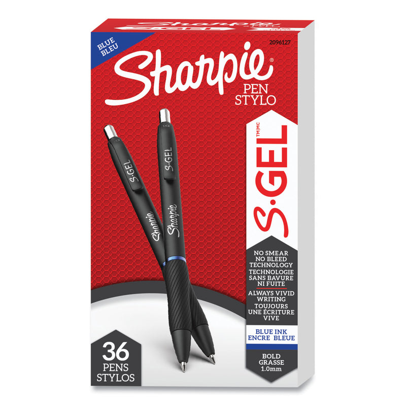 Sharpie S-Gel High-Performance Gel Pen, Retractable, Bold 1 mm, Blue Ink, Black Barrel, 36/Pack