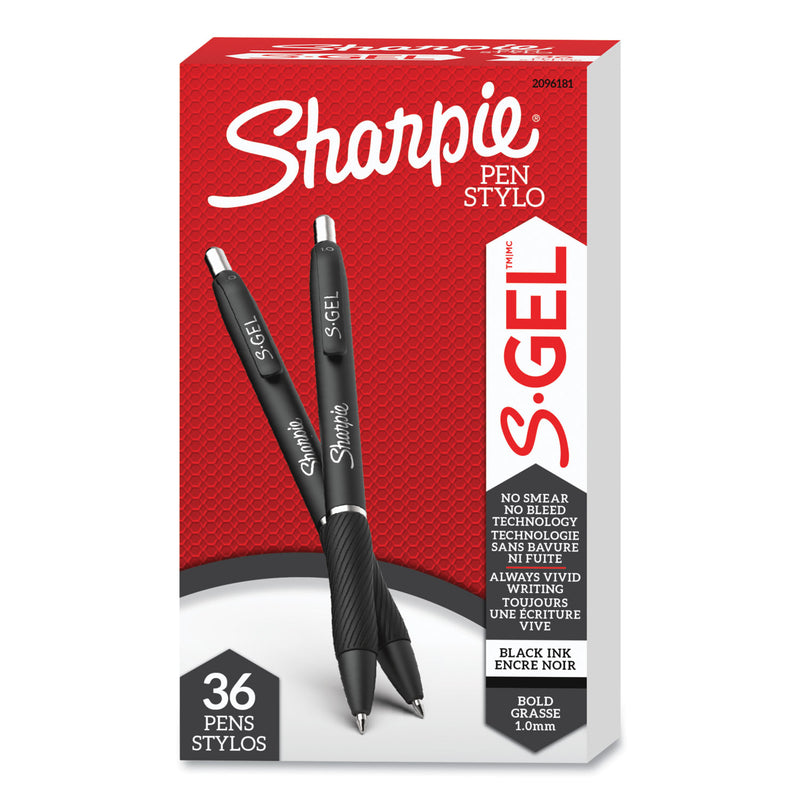 Sharpie S-Gel High-Performance Gel Pen, Retractable, Bold 1 mm, Black Ink, Black Barrel, 36/Pack