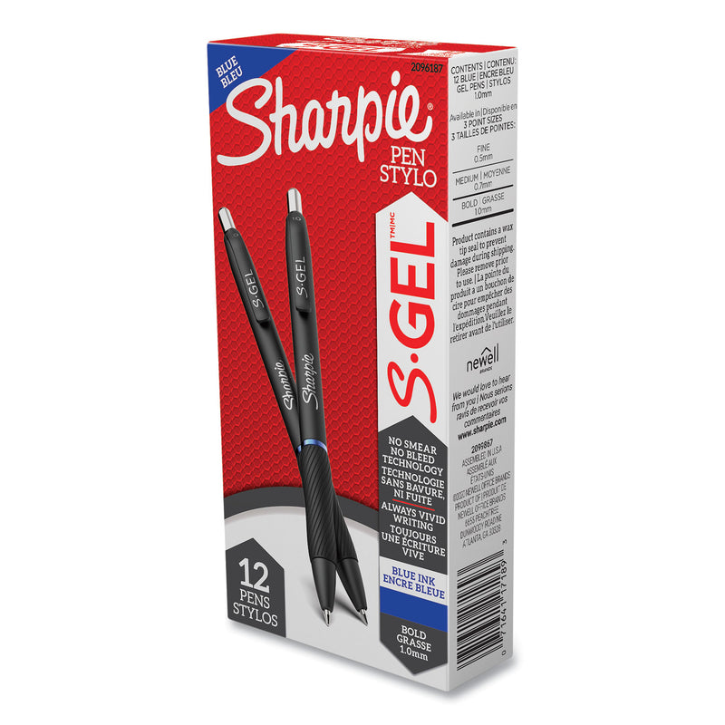 Sharpie S-Gel High-Performance Gel Pen, Retractable, Bold 1 mm, Blue Ink, Black Barrel, Dozen