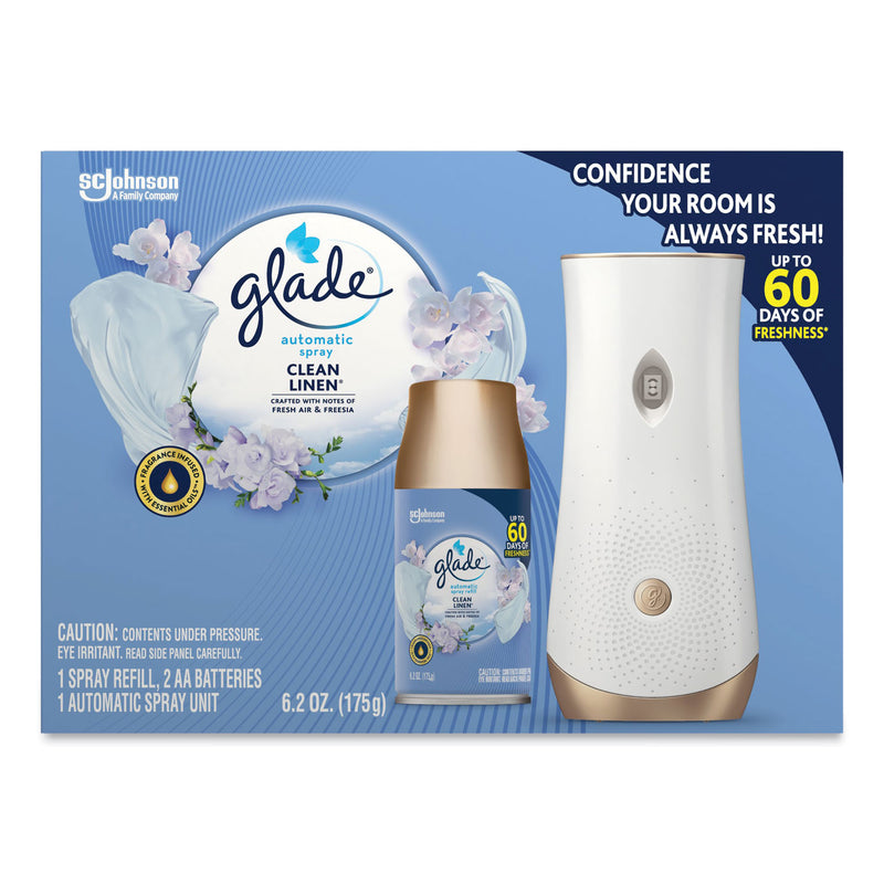 Glade Automatic Spray Starter Kit, Spray Unit and Refill, White/Gold, Clean Linen, 4/Carton