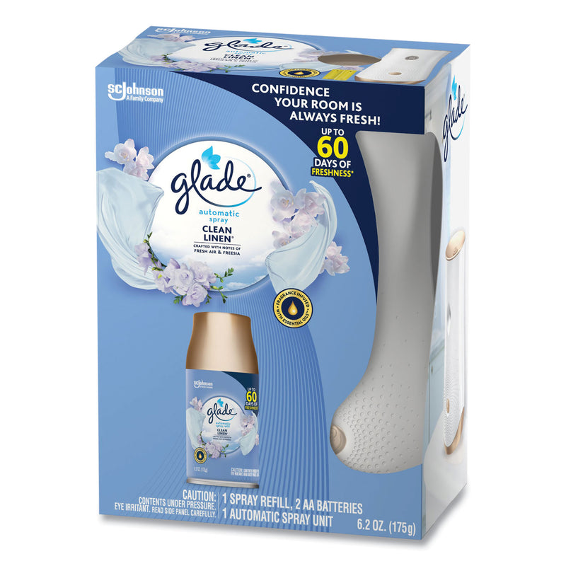 Glade Automatic Spray Starter Kit, Spray Unit and Refill, White/Gold, Clean Linen, 4/Carton