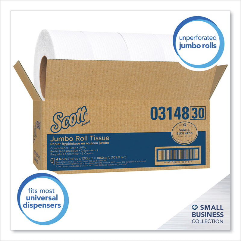 Scott Essential JRT Jumbo Roll Bathroom Tissue, Septic Safe, 2-Ply, White, 3.55" x 1,000 ft, 4 Rolls/Carton