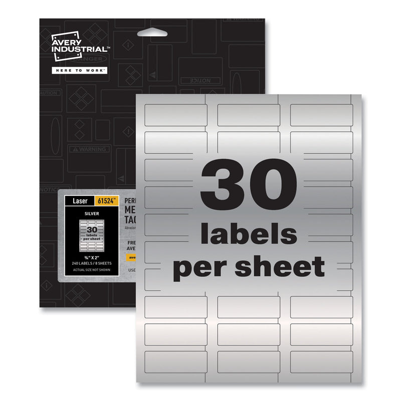 Avery PermaTrack Metallic Asset Tag Labels, Laser Printers, 0.75 x 2, Metallic Silver, 30/Sheet, 8 Sheets/Pack