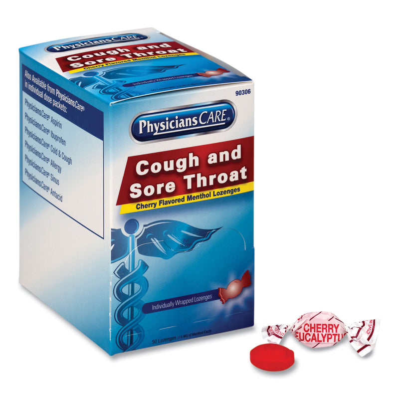 PhysiciansCare Cough and Sore Throat, Cherry Menthol Lozenges, Individually Wrapped, 50/Box
