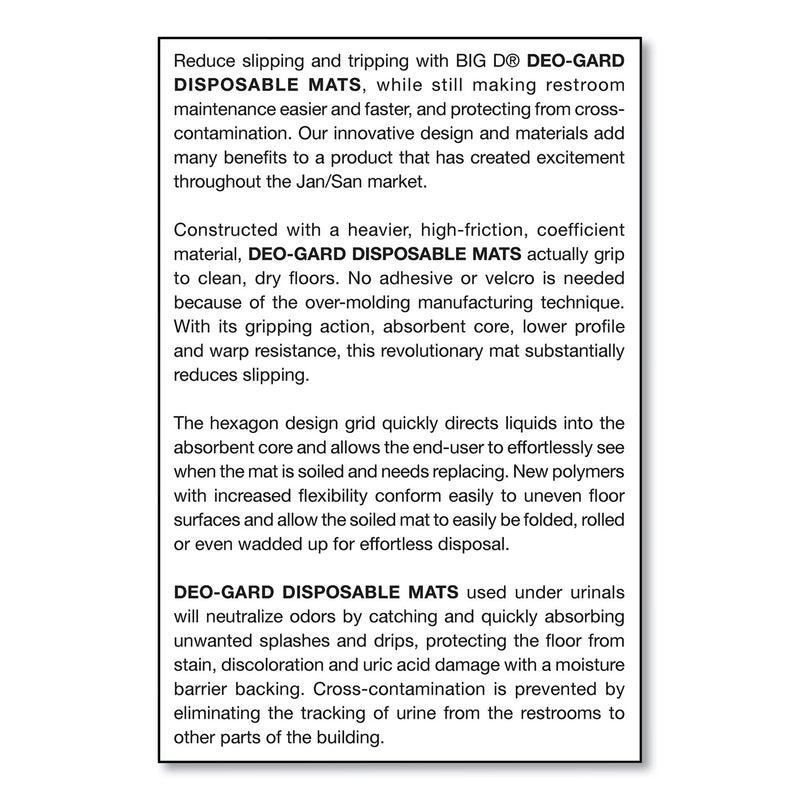 Big D Industries Deo-Gard Disposable Urinal Mat, Charcoal, Mountain Air, 17.5 x 20.5, 6/Carton