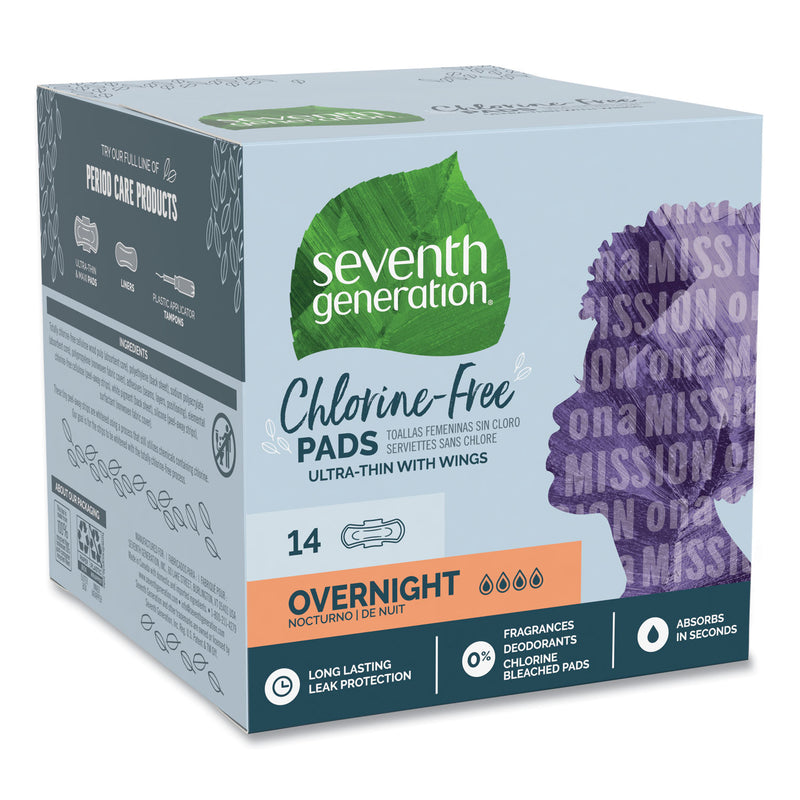 Seventh Generation Chlorine-Free Ultra Thin Pads with Wings, Overnight, 14/Pack, 6 Packs/Carton