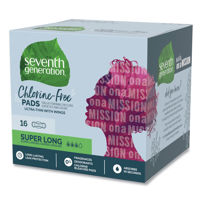 Seventh Generation Chlorine-Free Ultra Thin Pads with Wings, Super Long, 16/Pack, 6 Packs/Carton