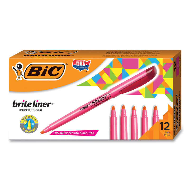 BIC Brite Liner Highlighter, Fluorescent Pink Ink, Chisel Tip, Pink/Black Barrel, Dozen