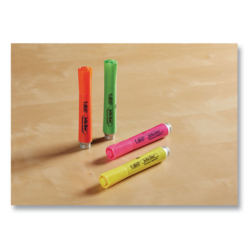 BIC Brite Liner Tank-Style Highlighter, Fluorescent Yellow Ink, Chisel Tip, Yellow/Black Barrel, Dozen