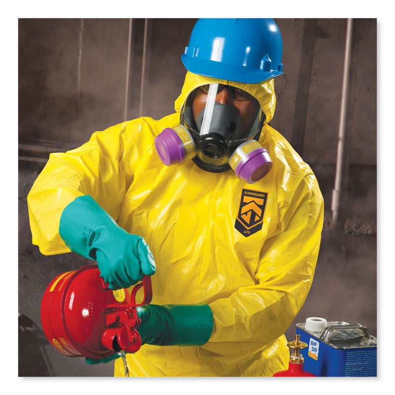 KleenGuard A70 Chemical Spray Protection Coveralls, Hooded, Storm Flap, Large, Yellow, 12/Carton